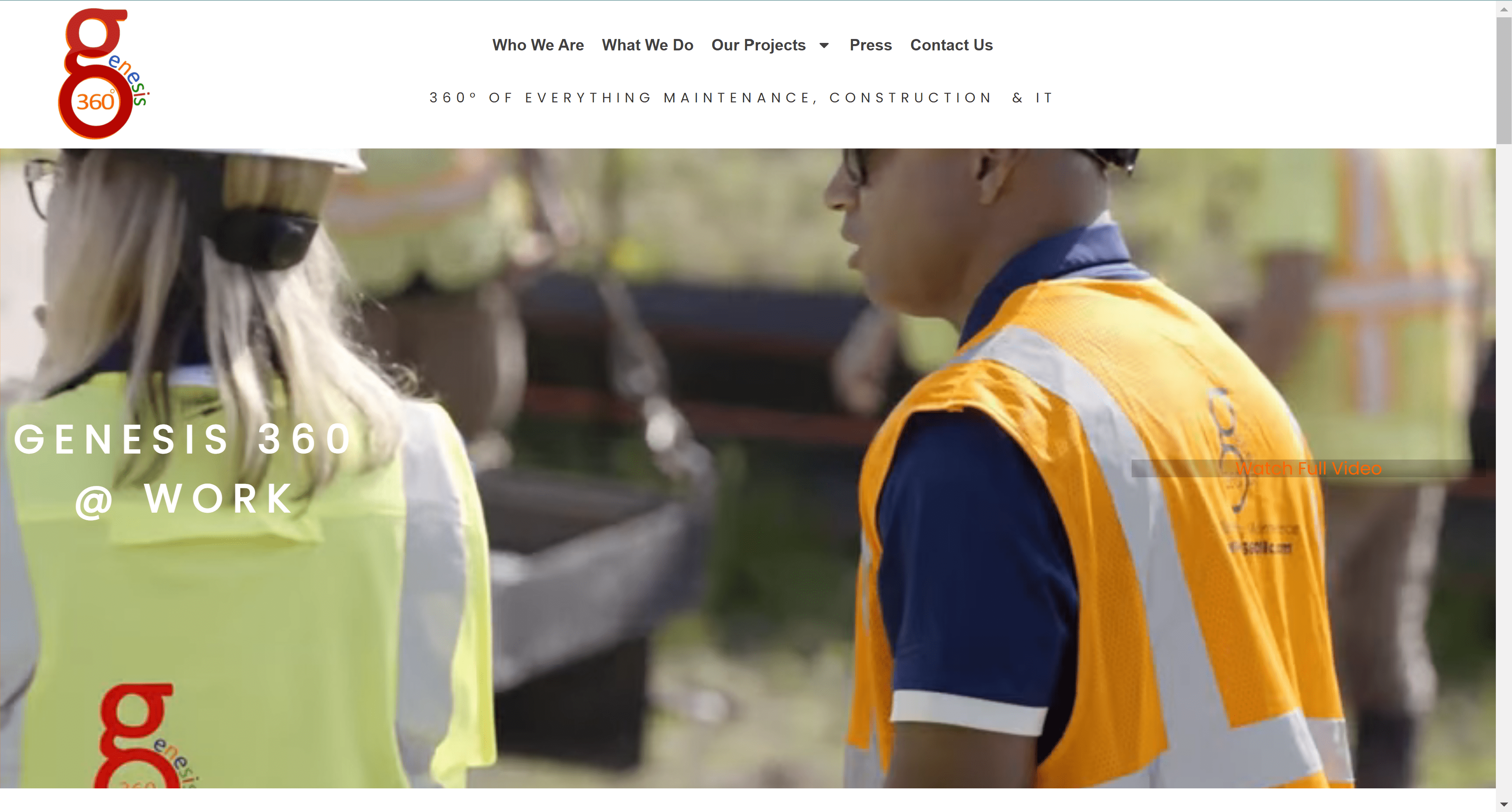 The home page opens with a video of work on a major construction site and showcases Genesis services, parnerships, previous clients, and achievements.