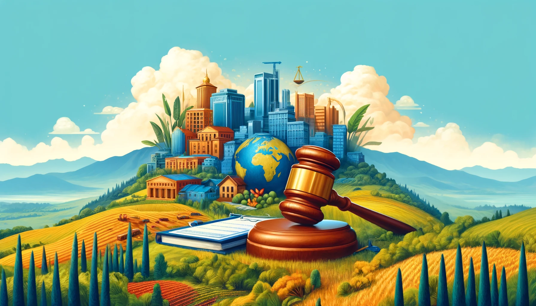 Featured image showing Rwandan landscapes with business regulation symbols like documents and a gavel, representing Rwanda's business environment.Rwanda business landscape, Kigali cityscape, business regulations in Rwanda, Rwandan hills, legal symbols, business in Rwanda, Rwanda regulatory guid