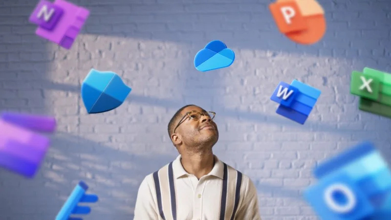 Person looking up at floating Microsoft 365 application icons, including OneDrive, symbolizing the transition from DropBox to Microsoft 365 Migration.